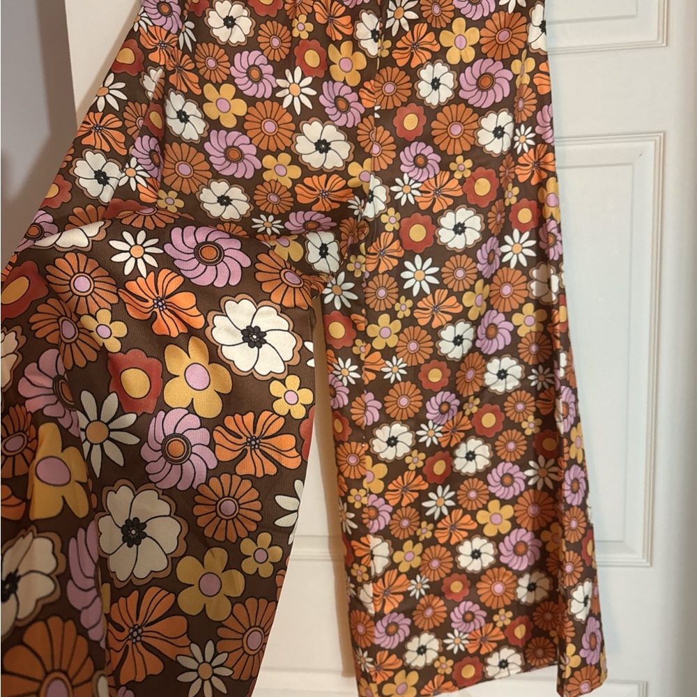 ROMWE Wide Leg Orange and Brown Floral Pants